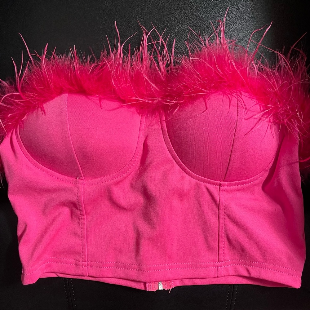 Hot Pink Feather Trim Bustier Crop Top